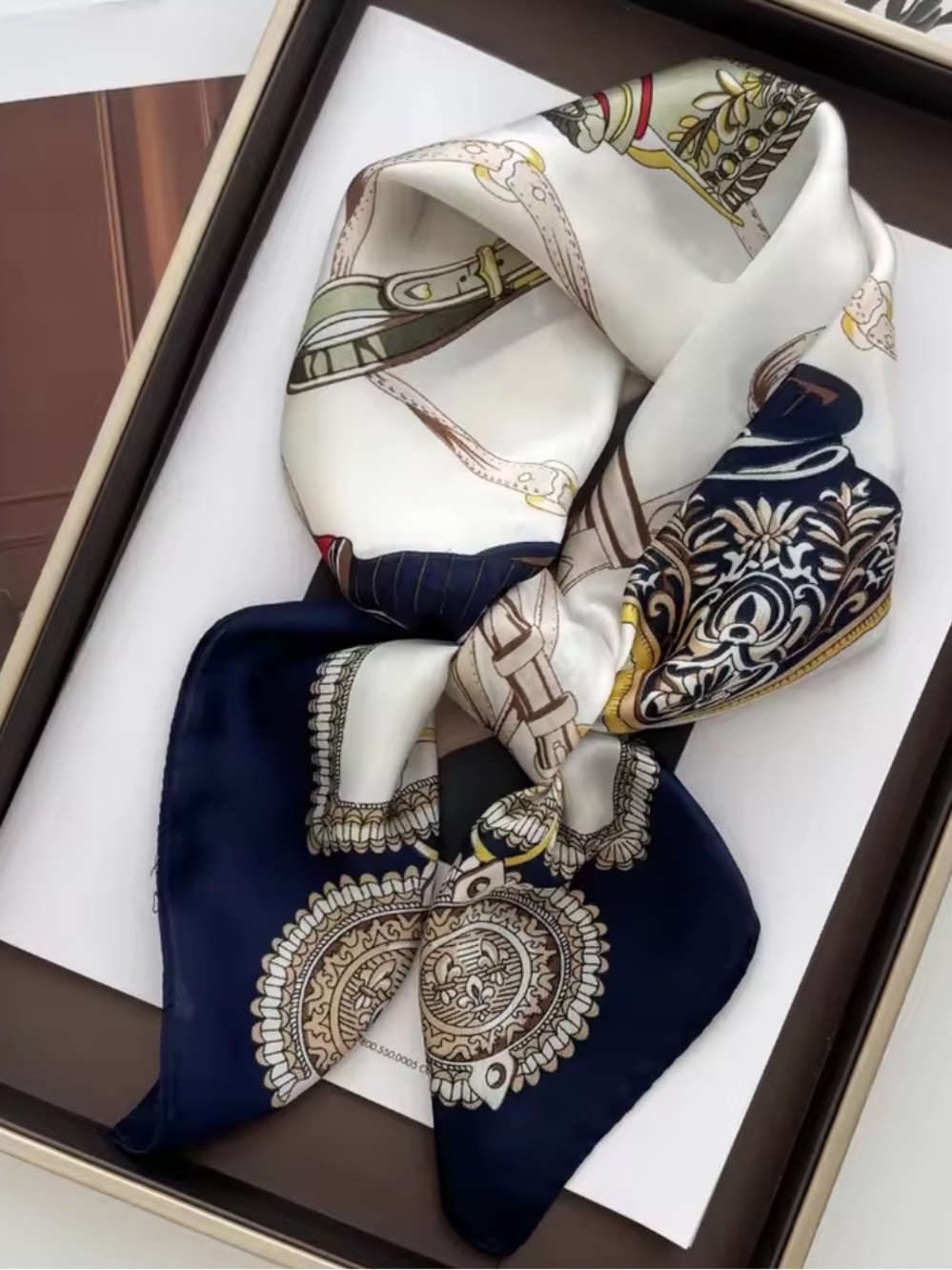 Elegant Navy & Cream Printed Silk-Feel Women's Scarf